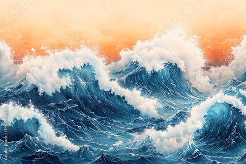 Dynamic Ocean Waves with Orange Sky - Traditional Asian Art Style