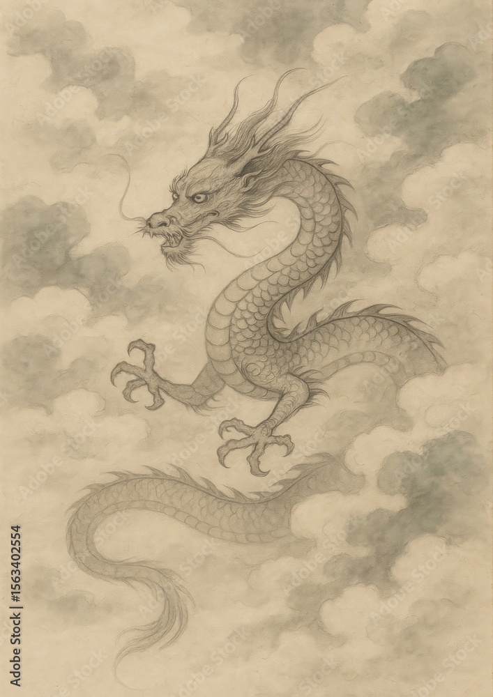 Fototapeta premium Mystical dragon amidst clouds.