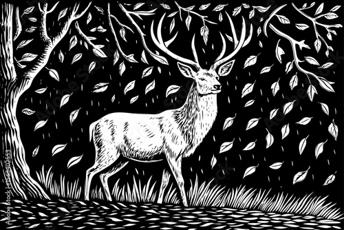 deer with large antlers surrounded by falling leaves, suitable for woodland themes, hunting illustrations or rustic posters a black and white line art illustration.
