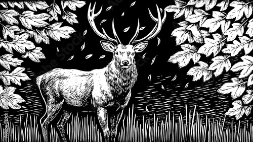 deer with large antlers surrounded by falling leaves, suitable for woodland themes, hunting illustrations or rustic posters a black and white line art illustration.