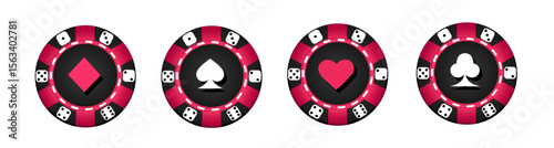 Poker chips, casino game icons. Gambling coins, four tokens with card signs of diamond, heart, spade and club isolated on green background, vector realistic set