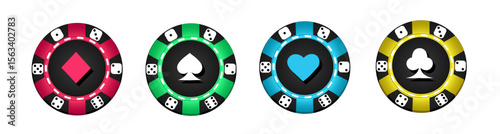 Poker chips, casino game icons. Gambling coins, four tokens with card signs of diamond, heart, spade and club isolated on green background, vector realistic set