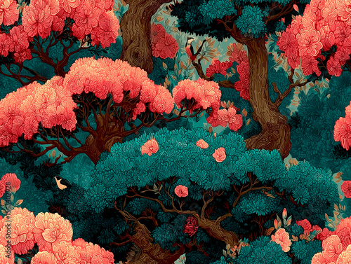 Vibrant spring blossoms in a tranquil forest setting during daylight hours