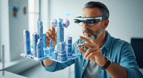 Architect Designing Futuristic Cityscape with Augmented Reality Goggles, Innovative Tech Professional Shaping Tomorrow's Urban Development with Digital Tools