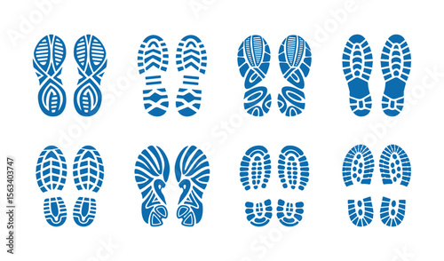 Shoe print set in blue color, featuring various sole patterns and footwear designs.
