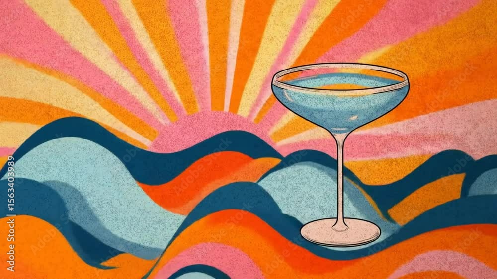 A light-blue cocktail glass stands on a hilly landscape against a vibrant orange and pink sunrise backdrop.
