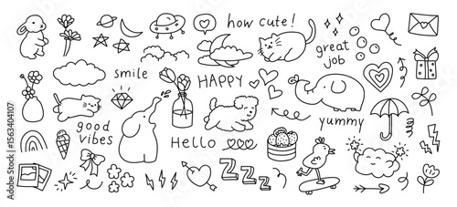 Whimsical blackandwhite doodle collage featuring assorted kawaiistyle drawings and positive words