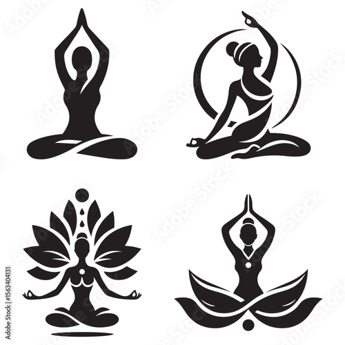Yoga Meditation Logo Set – Spiritual Woman Silhouette Icons for Wellness and Mindfulness Branding