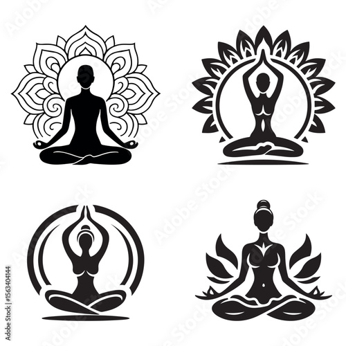 Yoga Meditation Logo Set – Spiritual Woman Silhouette Icons for Wellness and Mindfulness Branding
