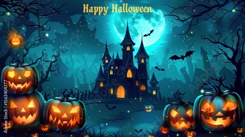 Halloween background, pumpkins on the background of a spooky castle at night. 
