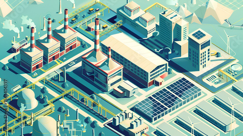 Clean energy meets industry in an isometric rendering with solar panels, wind turbines, factories, and urban architecture.