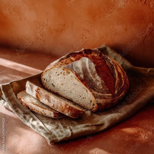 Sliced round artisan bread loaf placed on linen cloth with rustic terracotta background and ceramic props. Studio still life food photography.