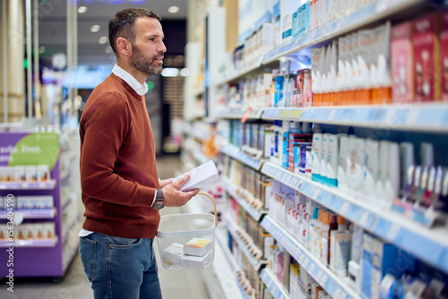 Man Shopping in Pharmacy Aisle for Personal Care Products