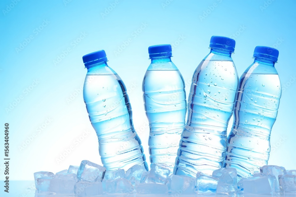 Naklejka premium Cold water bottles resting on ice cubes on light blue background.
