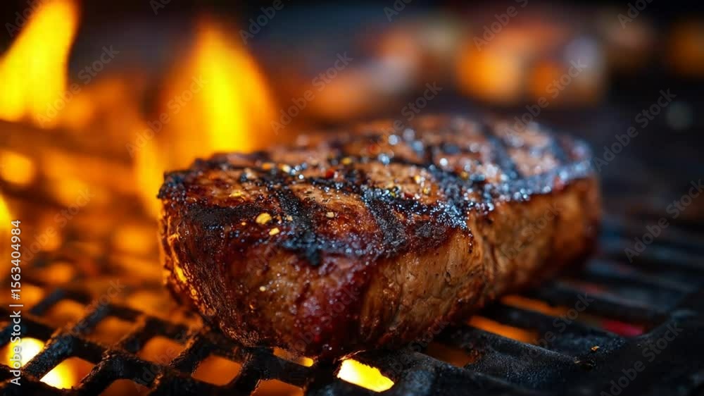 A seared steak with grill marks cooks over an open flame on a metal grill.