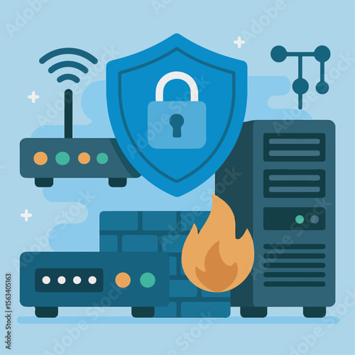 This flat design vector illustration depicts a cloud computing concept with a set of internet technology icons, symbols, and signs