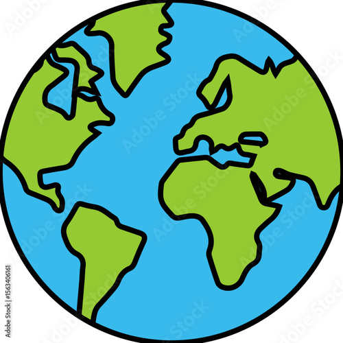 Flat Globe Earth Icon with Continents and Outline Design