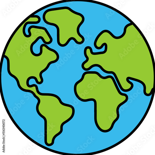Flat Globe Earth Icon with Continents and Outline Design