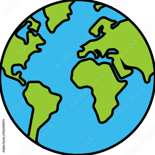 Flat Globe Earth Icon with Continents and Outline Design