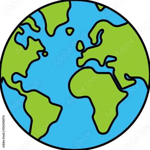 Flat Globe Earth Icon with Continents and Outline Design