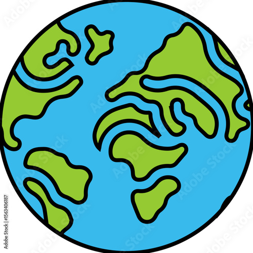 Flat Globe Earth Icon with Continents and Outline Design
