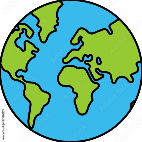 Flat Globe Earth Icon with Continents and Outline Design