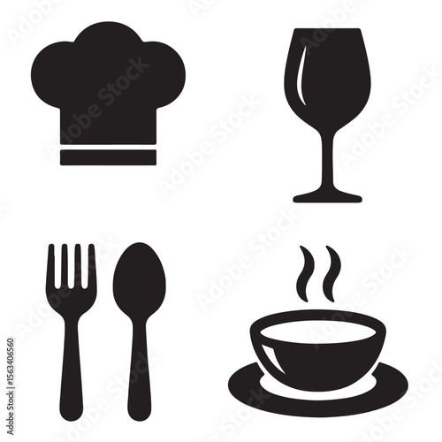 Restaurant menu design with icons of coffee, tea, and other hot drinks, along with food symbols like forks, knives, spoons, and plates
