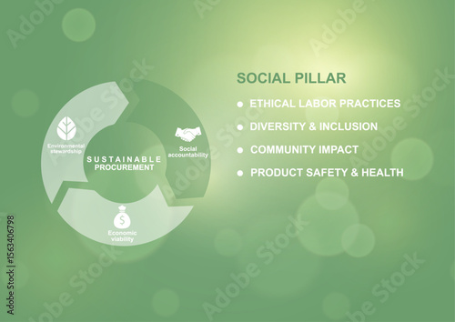 Sustainable procurement social pillar infographic template. Green circular diagram with four sustainability aspects. Ethical labor practices, diversity inclusion, safety, health. Vector illustration