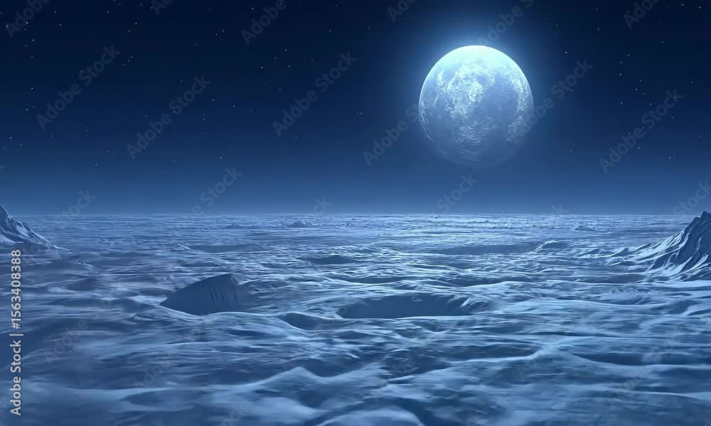 Frozen alien landscape under a luminous moon