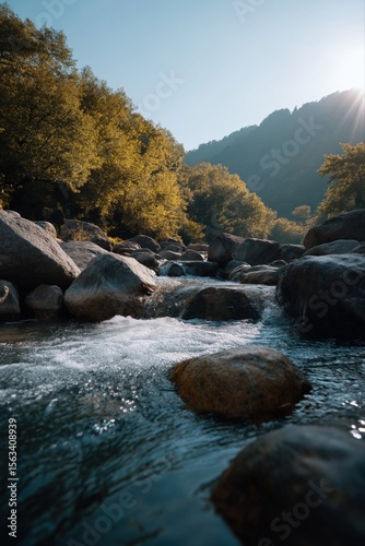 Serene mountain stream with flowing water and sunlit trees in autumn