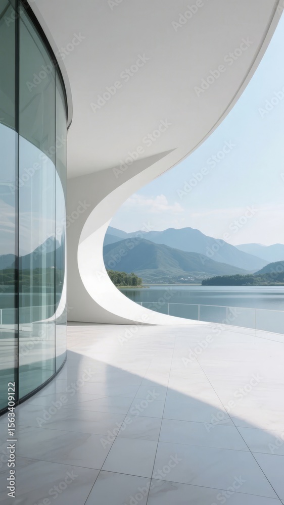 Fototapeta premium Modern Curved Building with Glass Walls Overlooking a Serene Lake and Distant Mountains
