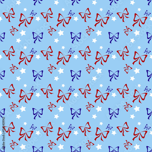 red and blue bows interspersed with white stars on a light blue background. This design is often associated with patriotic themes, particularly the Fourth of July in the United States