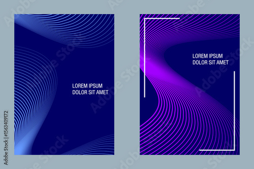 Abstract line wave poster background blue vector set. Minimalist cover template with vibrant perspective line wave in motion EPS 10