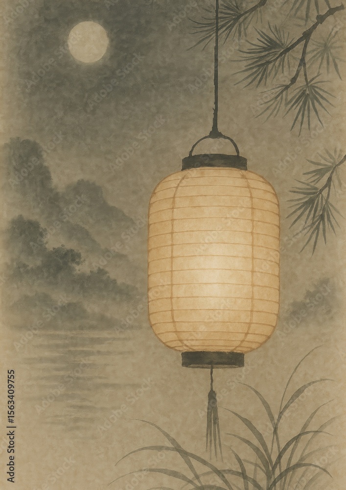 Obraz premium Serene lantern illuminates tranquil night.