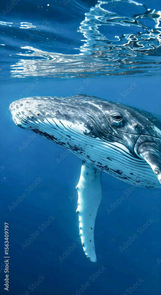 Fototapeta premium Close underwater shot of a humpback whale’s head and body in clear blue water, highlighting skin texture and barnacles.