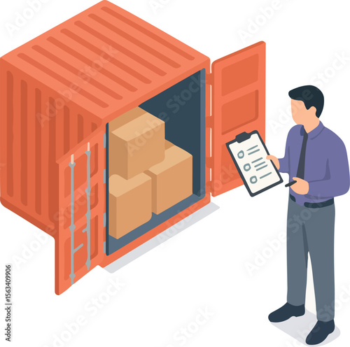 Isometric Style Man Inspecting Boxes Inside Shipping Container Illustration