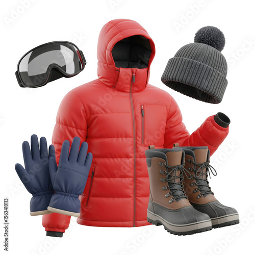 Essential winter apparel assortment displayed against a dark backdrop for colder climates