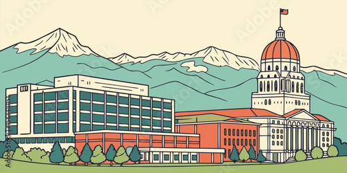 West Valley City (UT) Skyline of civic buildings, the Maverik Center, and Oquirrh Mountains.