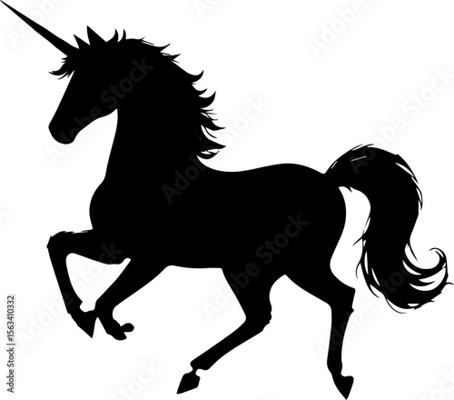 Prancing Unicorn Silhouette Vector Black Fantasy Creature Clipart on White Background