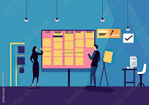 Business people collaborating on project management kanban board in modern office with minimalist flat design and task organization concept illustration