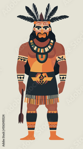 Maori warrior vector illustration wearing traditional tribal attire with feather headdress and facial tattoo in flat minimalist style