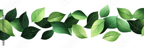Seamless horizontal border of various green leaves in flat minimalist vector style with natural foliage elements for eco friendly and botanical design background