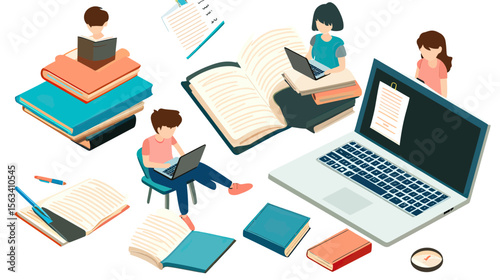 Isometric online education concept with children studying using laptops, books, notebooks, and digital learning tools at desk and stacks of textbooks in flat minimalist vector style