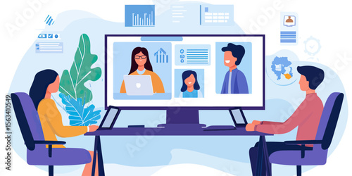 remote team virtual meeting online video conference remote collaboration digital workspace flat vector illustration