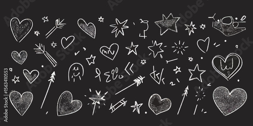 Chalkboard style doodle hearts arrows stars sparkles love symbols hand drawn glitter pencil sketch decorative vector elements set for romantic design backgrounds