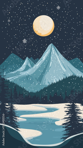 Snowy winter night landscape with full moon glowing over icy river, pine forest and towering mountain peaks in minimalist flat vector style