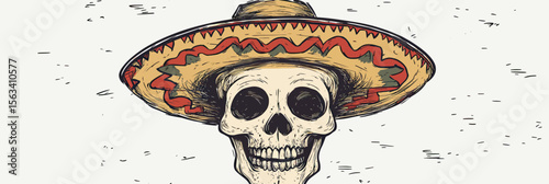Vintage hand-drawn skull wearing traditional Mexican sombrero hat with decorative patterns in sketchy black ink style flat minimalist vector illustration