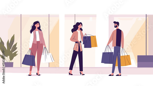 Group of diverse adult shoppers holding multiple shopping bags walking outside retail stores in modern shopping mall flat minimal style vector illustration