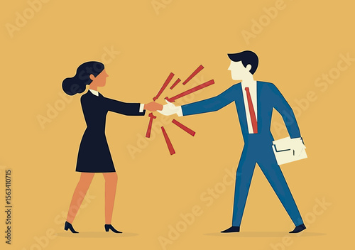 Businessman and businesswoman shaking hands with conflict and tension visualized by red lines in flat minimalist style vector illustration