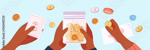 Hands holding jar full of coins and giving paper money donation for charity volunteer fundraising support concept flat vector illustration